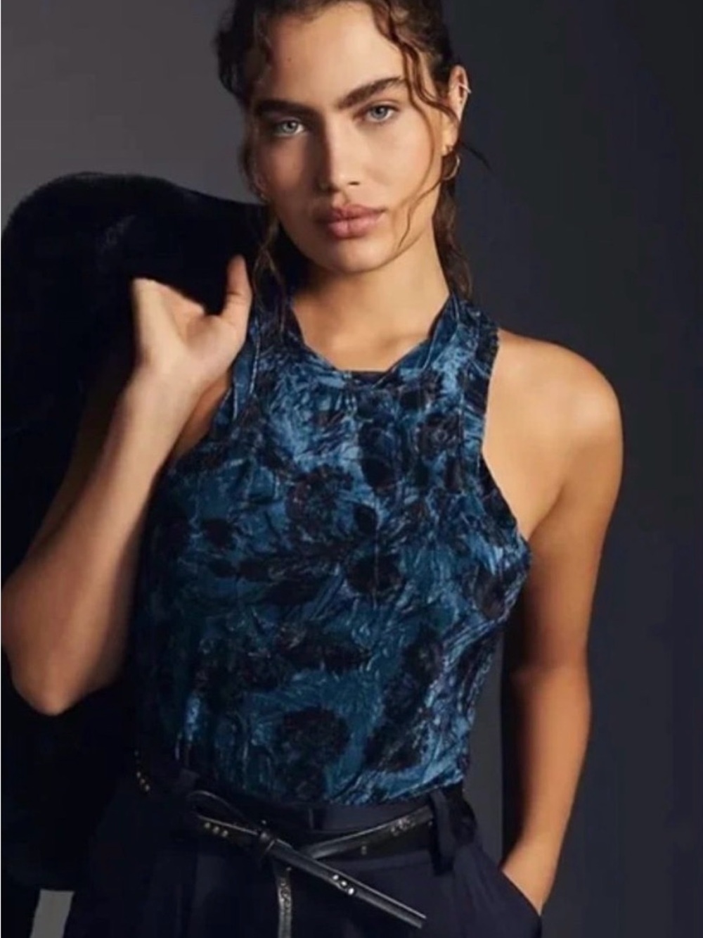 Anthropologie Pilcro Blue Floral Velvet Tank